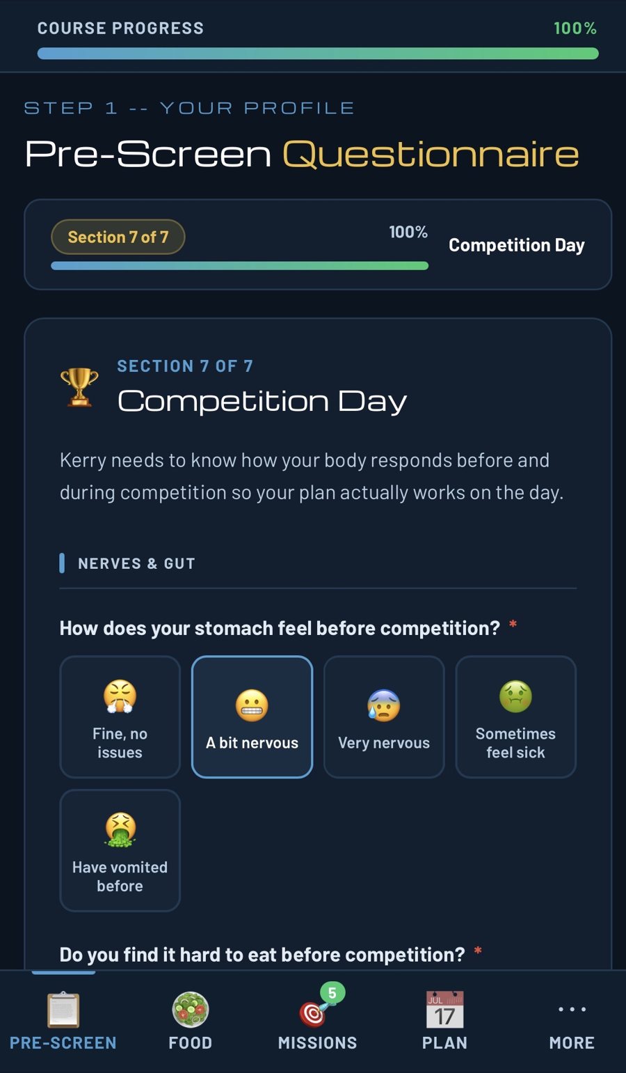 Competition day pre-screen